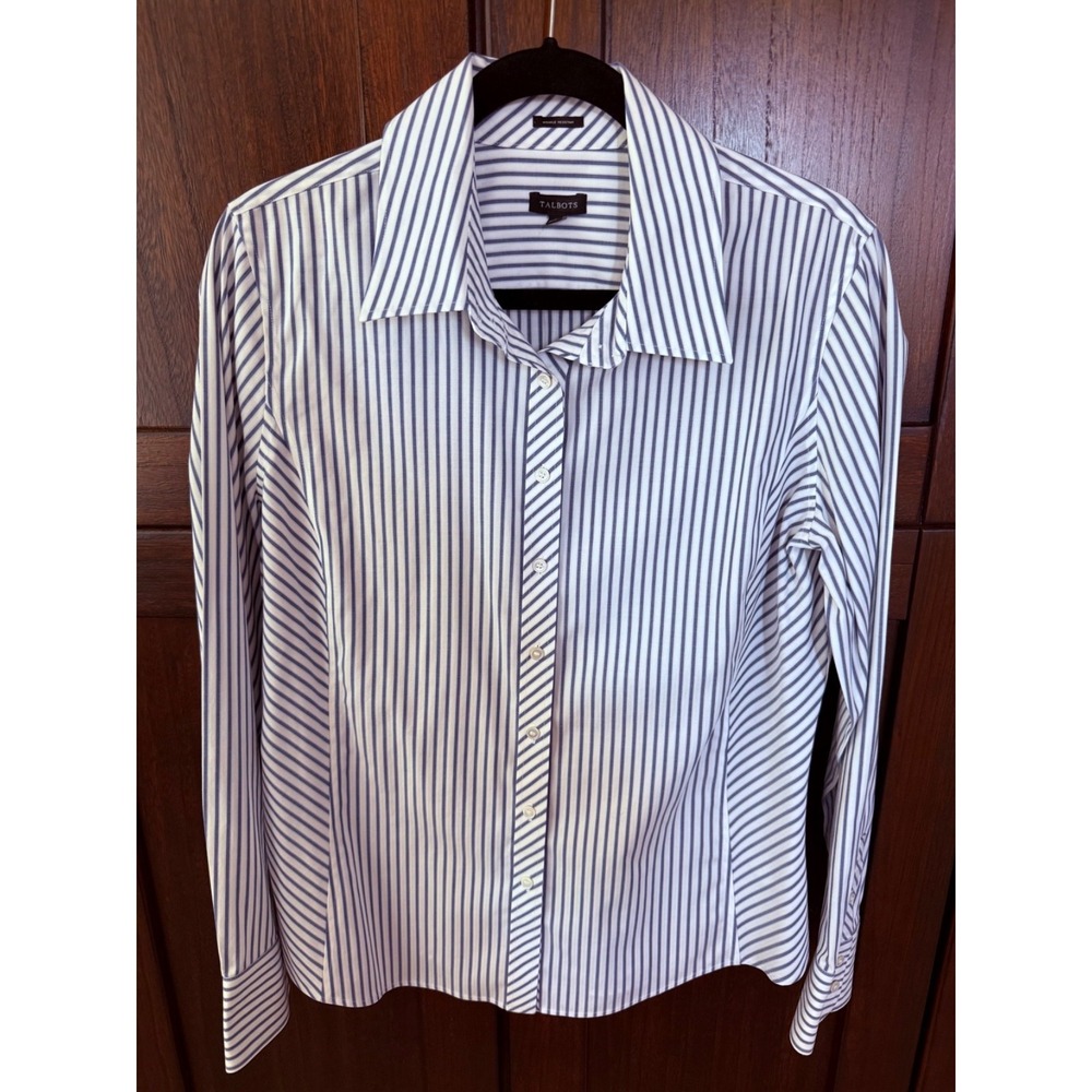 Women's Talbots Dress Shirt 14 White Blue Stripes Button Long Cotton Blouse